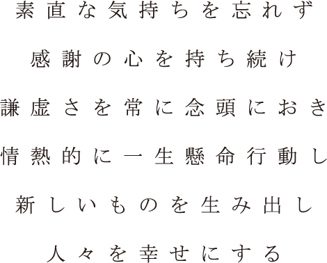 千幸の企業理念 素直な気持ちを忘れず感謝の心を持ち続け謙虚さを常に念頭におき情熱的に一生懸命行動し新しいものを生み出し人々を幸せにする